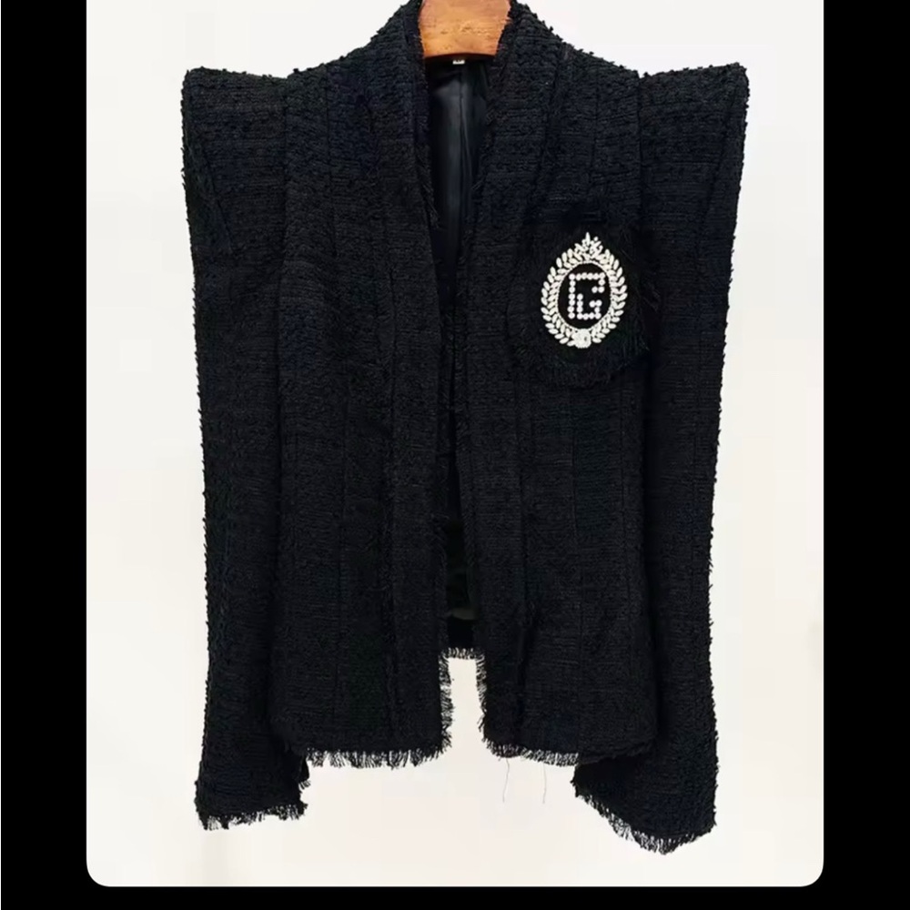 Black Textured Open Front Jacket with Embellished Logo